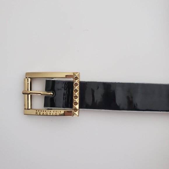 Women's Black Patent Belt KENNETH COLE White Trim Faux Leather Office Career - Picture 6 of 8